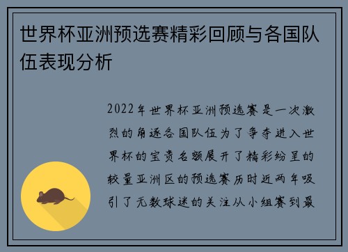 世界杯亚洲预选赛精彩回顾与各国队伍表现分析